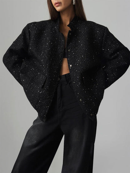 Sequin Detail Stand Collar Jacket Stylish Casual Outerwear