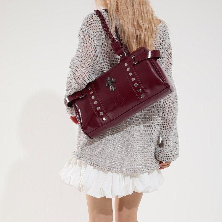 Punk Style Studded Motorcycle Bag Large Capacity Handbag