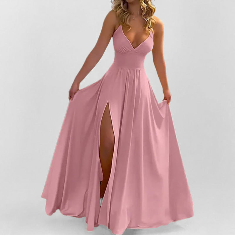 Elegant Solid Color Slip Dress With Ruffle Trim