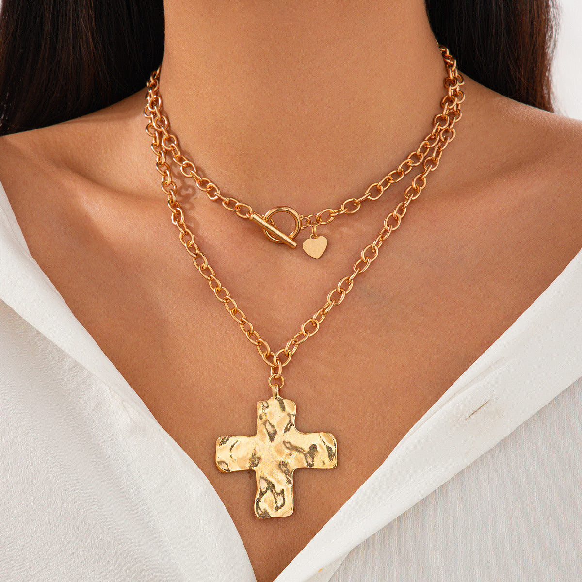 Punk Inspired Metal Cross Necklace With Heart Pendant