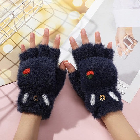Cute Animal Paw Fingerless Gloves Plush Winter Mittens