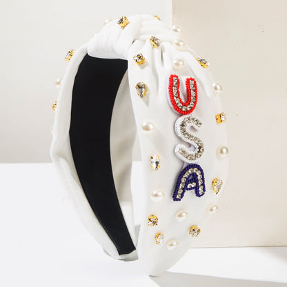 USA Flag Headband with Rhinestones and Pearls