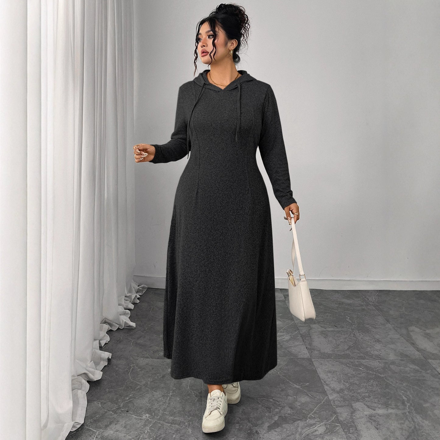 Hooded Gray Dress Elegant Long Sleeve A-Line Dress