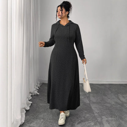 Hooded Gray Dress Elegant Long Sleeve A-Line Dress
