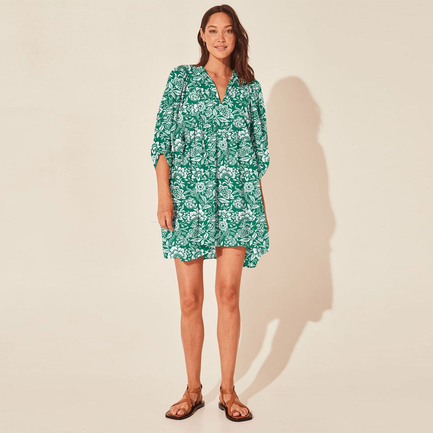 Floral Print Casual Dress with Tie Waist and Half Placket