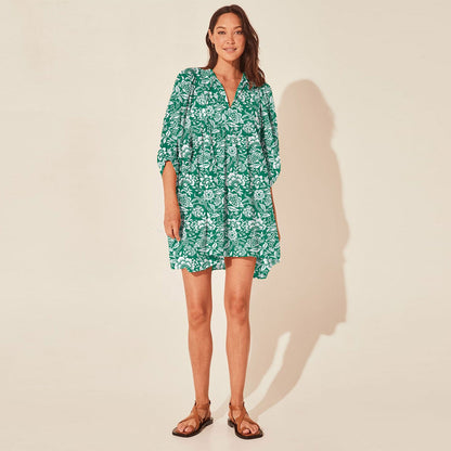 Floral Print Casual Dress with Tie Waist and Half Placket