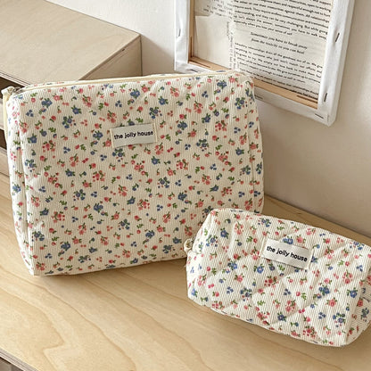 Corduroy Floral Cosmetic Bag Soft Quilted Travel Pouch