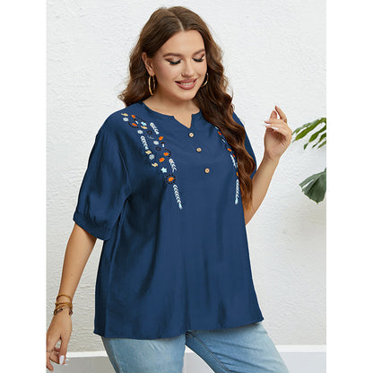Casual V-Neck Embroidered Top in Almond Color