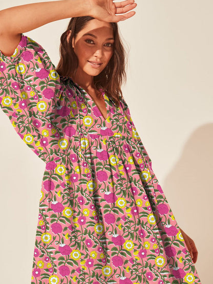 Floral Print Casual Dress with Tie Waist and Half Placket