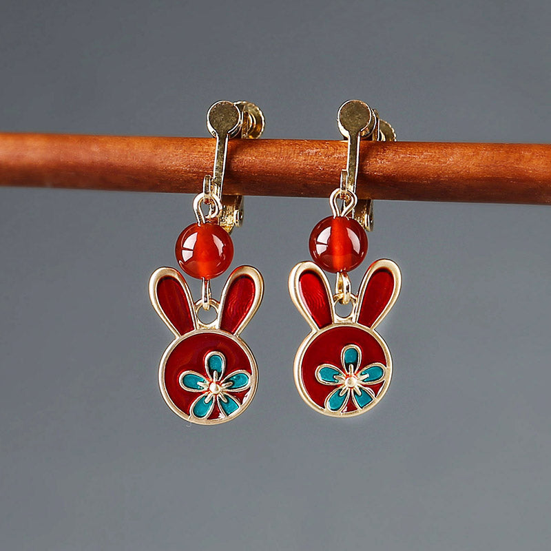 Red Earrings Antique Rabbit Earrings With Cheongsam Retro Sterling Silver Ethnic Earrings