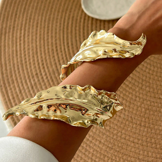 Exaggerated Leaf Wrap Bracelet Set Metallic Open Bangle