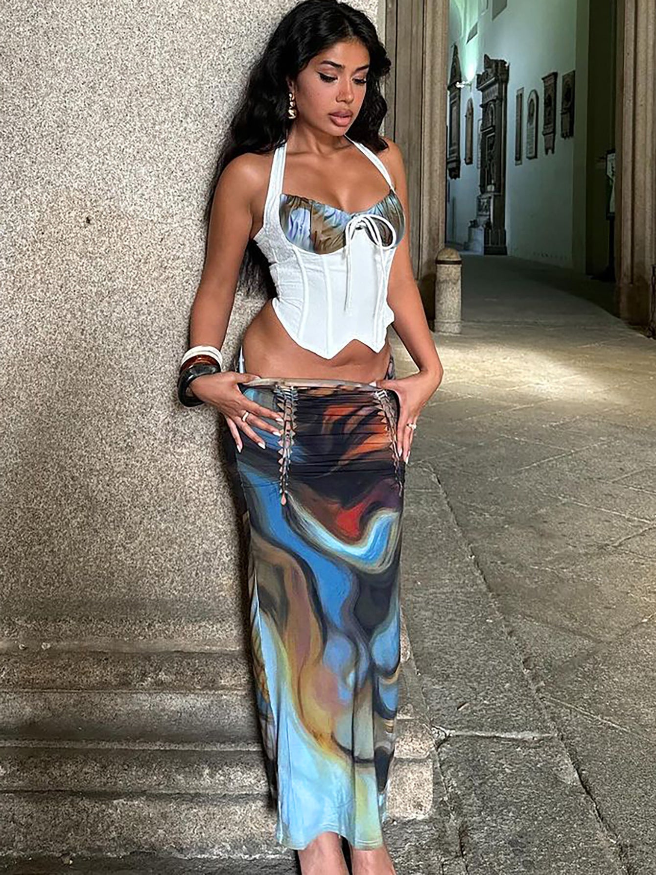 Gradient Print Fitted Tank Top and Midi Skirt Set