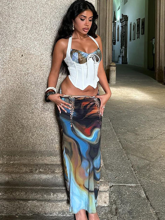 Gradient Print Fitted Tank Top and Midi Skirt Set