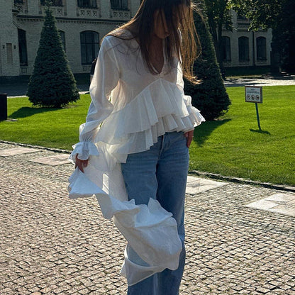 Ruffled Edge V-Neck Blouse with Bell Sleeves