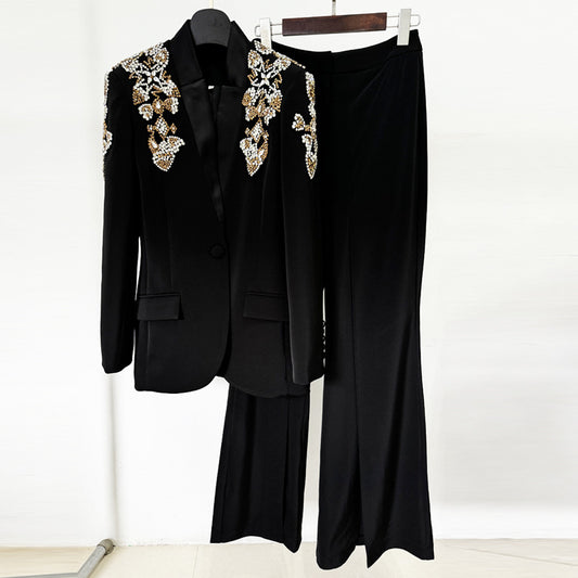 Trendy Black Blazer Suit Set With Sparkling Rhinestones