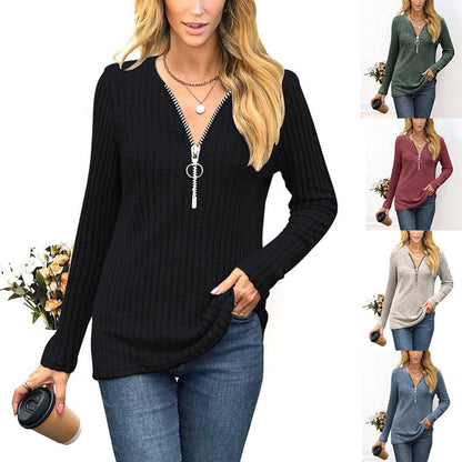 Autumn/Winter New Women'S Wear Chest Zipper Pleated Casual Long Sleeve T-Shirt Top