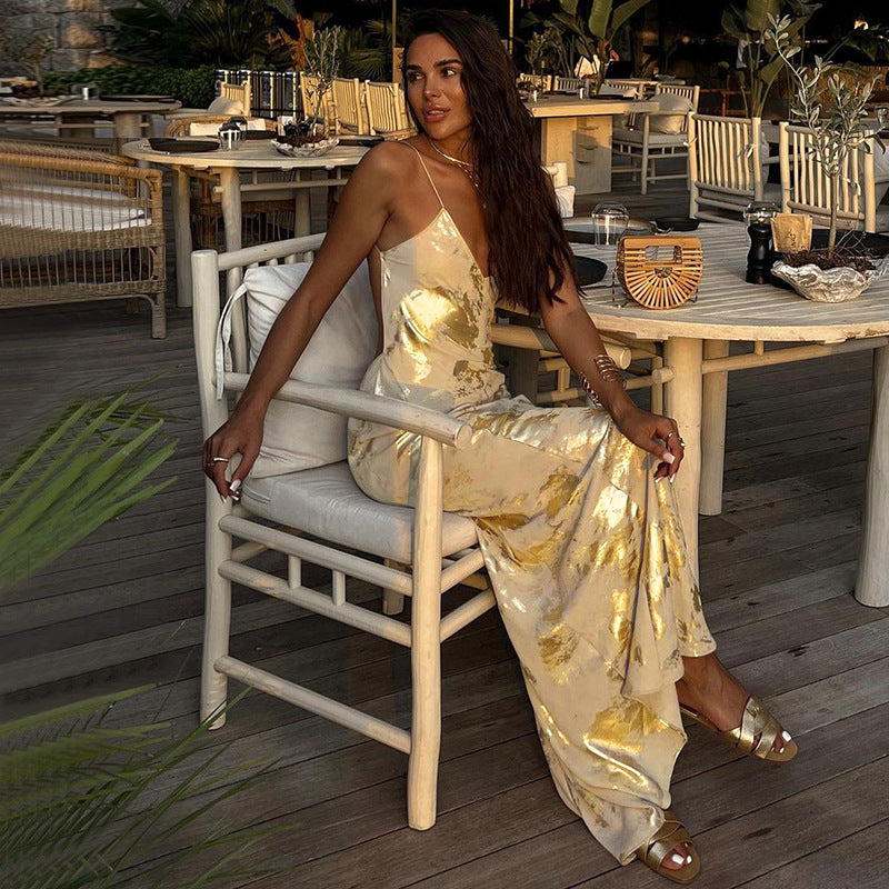 Gold Backless Slip Dress Elegant Style