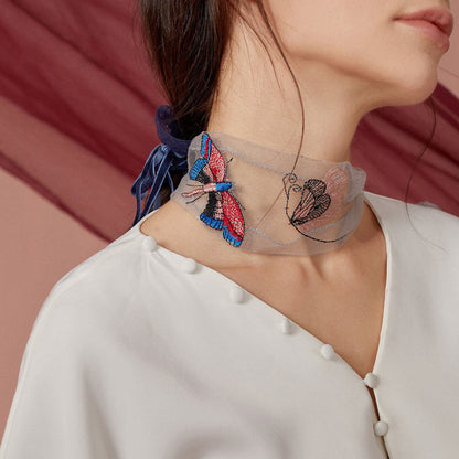 Summer Thin Embroidery Butterfly Narrow Strip Silk Scarf Women Spring And Autumn Versatile Fashion Gauze Scarf Women