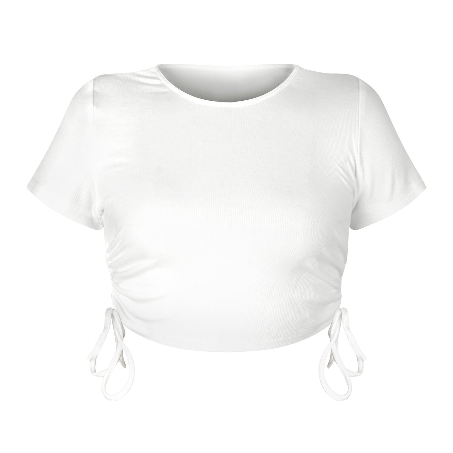 Cropped Drawstring Casual T-Shirt with Ribbed Fabric