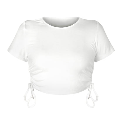Cropped Drawstring Casual T-Shirt with Ribbed Fabric