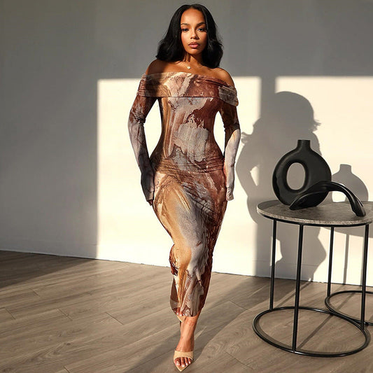 Vintage Fashion Floral Off-Shoulder Long Sleeve Dress