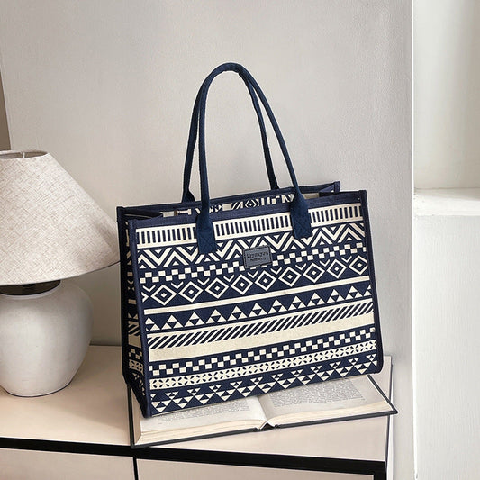 Geometric Canvas Tote Bag Durable Zipper Shoulder Bag