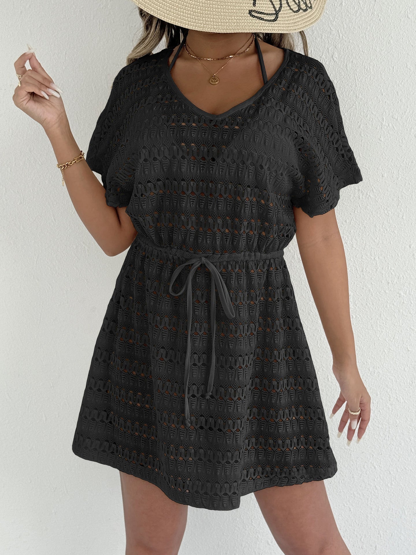 Women'S Sexy Sheer Lace Cover-Up Dress With Bow Tie