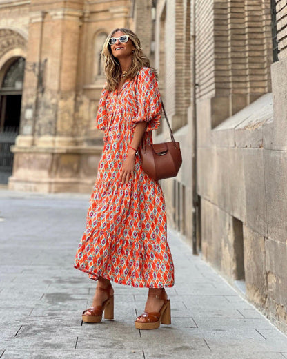 Geometric Patch Puff Sleeve Dress