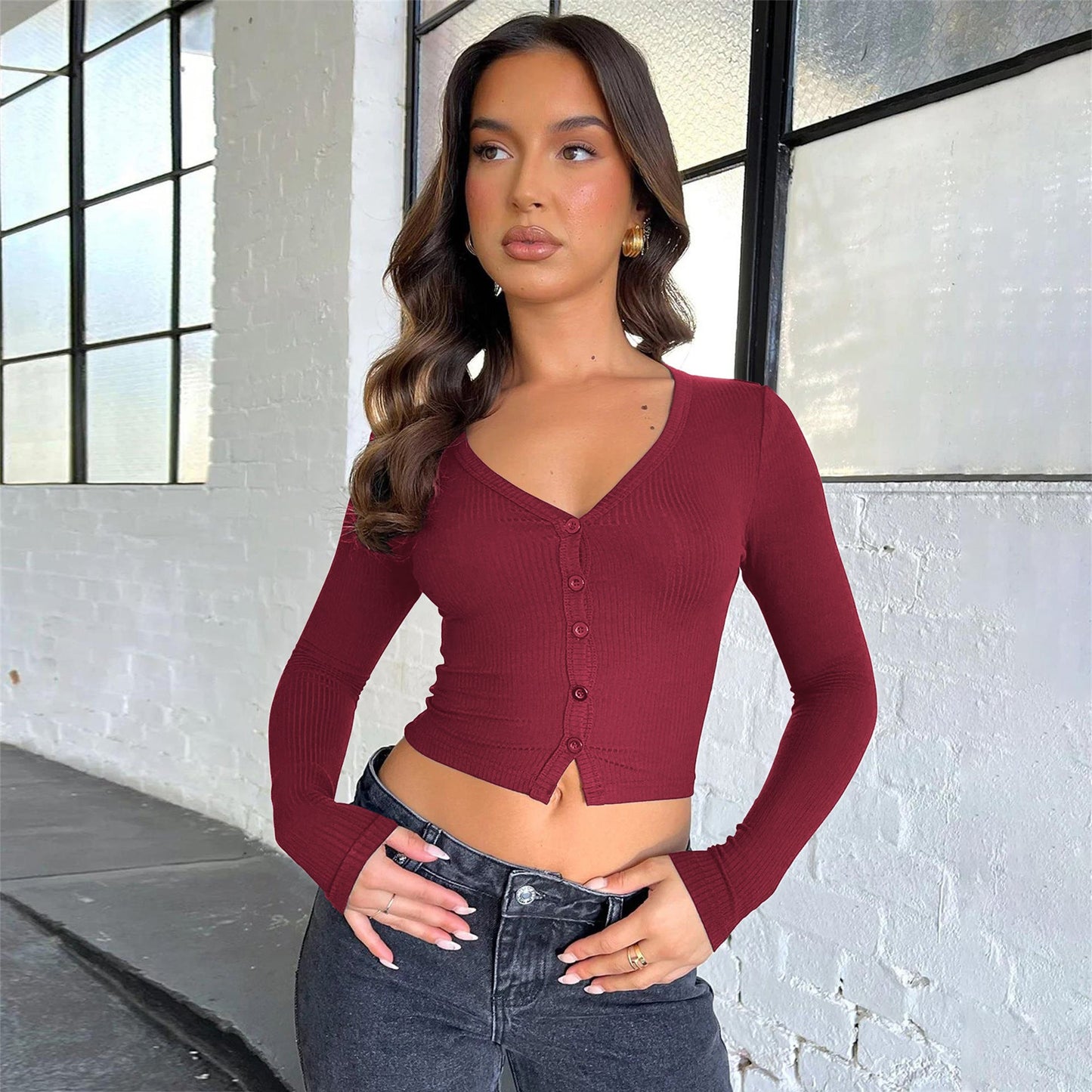 Button-Detail Ribbed Cardigan Casual V-Neck Long Sleeve Top