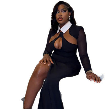 Trendy Black And White Color Block Bodycon Dress With Shirt Collar
