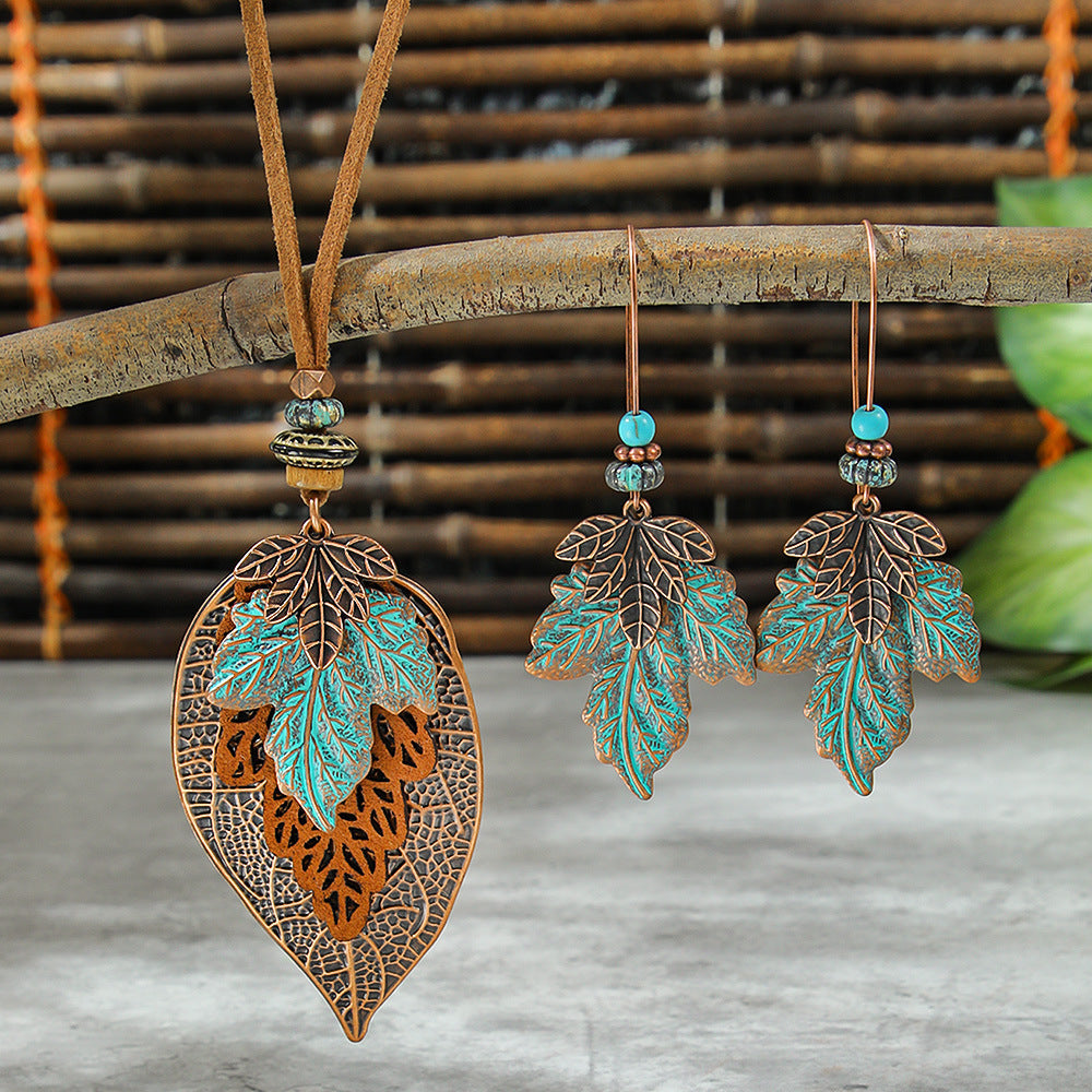 Bohemian Vintage Leaf Earrings With Dragonfly & Butterfly Zinc Alloy Sweater Necklace