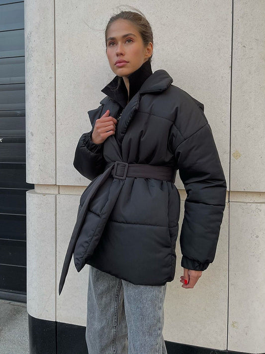 Collared Quilted Coat Slim Fit Belted Outerwear