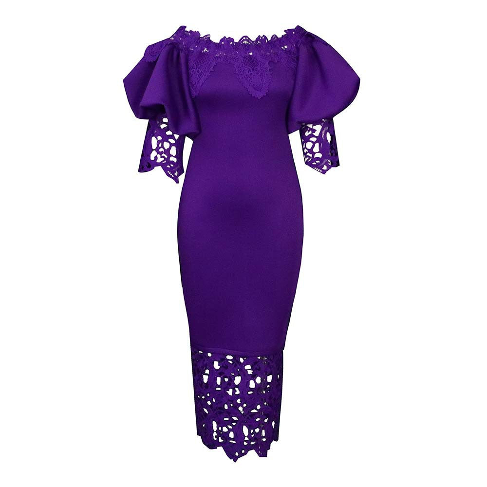 Off-The-Shoulder Lace Detail Pencil Dress With Lantern Sleeves