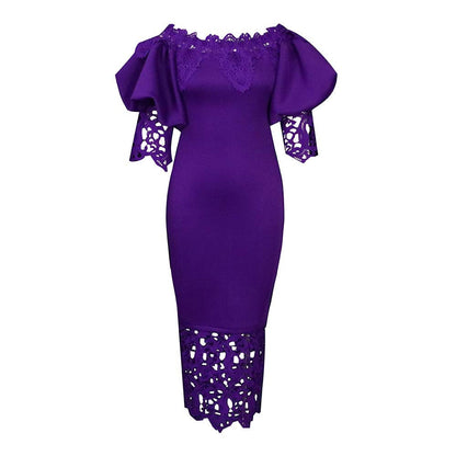 Off-The-Shoulder Lace Detail Pencil Dress With Lantern Sleeves