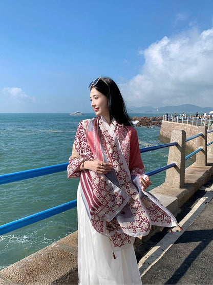 Fresh Green Ethnic Style Silk Scarf Women'S Summer Sunscreen Dual-Purpose Large Shawl Beach Towel Thin Cotton And Linen Scarf Yarn