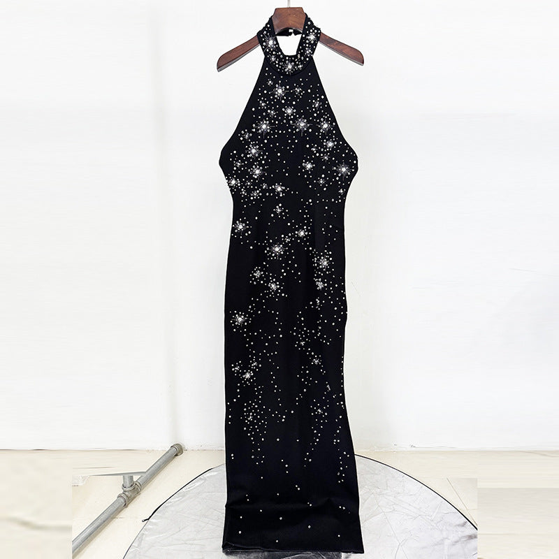 Beaded Long Dress with Neck Halter Design