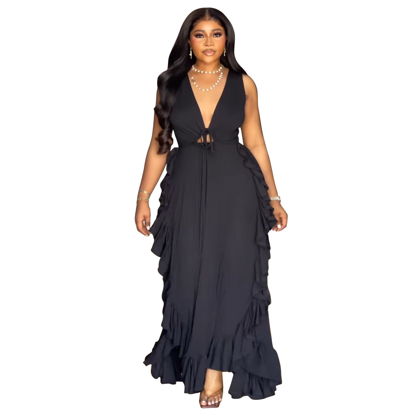 Elegant Off-The-Shoulder Ruffled Crop Top Maxi Dress