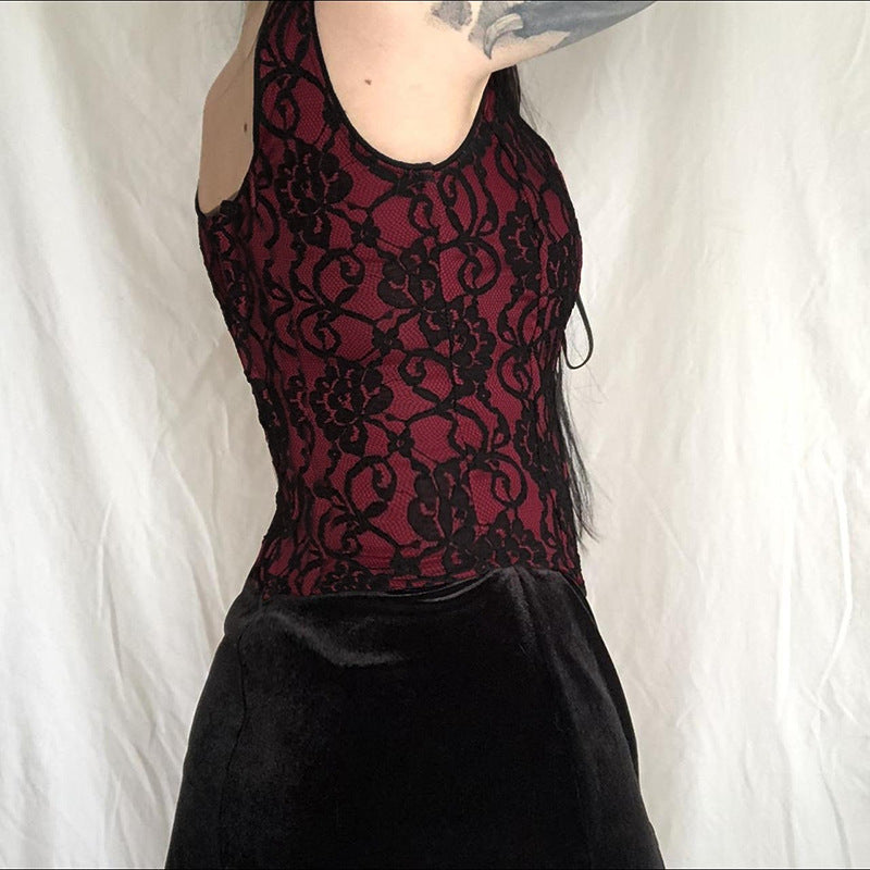 Lace-Up Corset-Style Top with Red Contrast - Edgy Streetwear