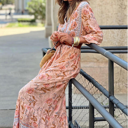 Autumn New Casual Style Bohemian Mid Length Printed Dress