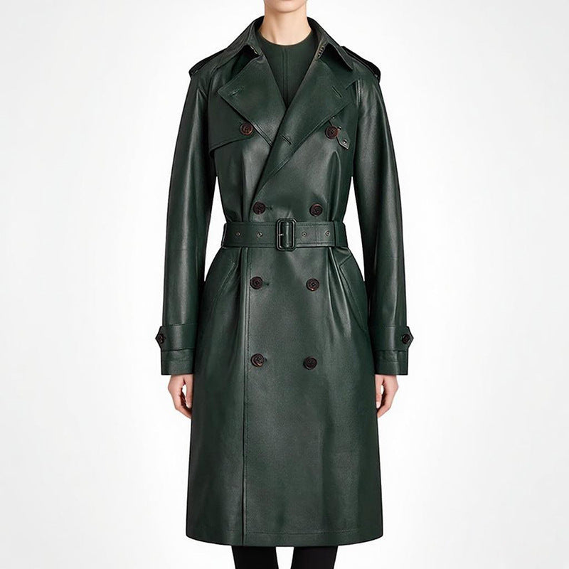 Double-Breasted Belted Faux Leather Trench Coat