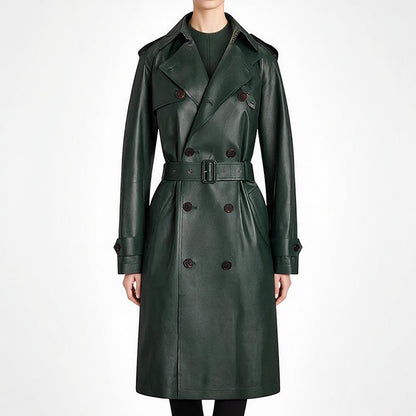 Double-Breasted Belted Faux Leather Trench Coat