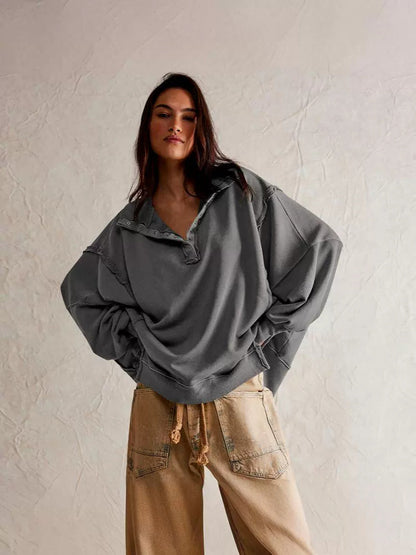 Trendy Casual Polo Neck Sweatshirt with Lantern Sleeves