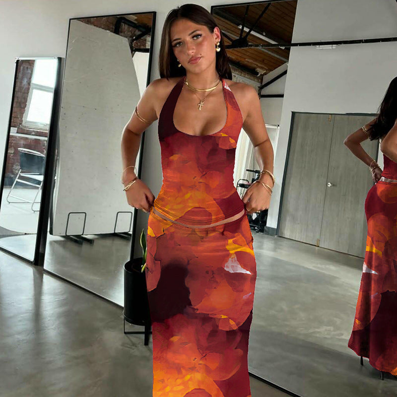 Fashion Floral Print Sexy U-Neck Slim Fit Tank Dress Set