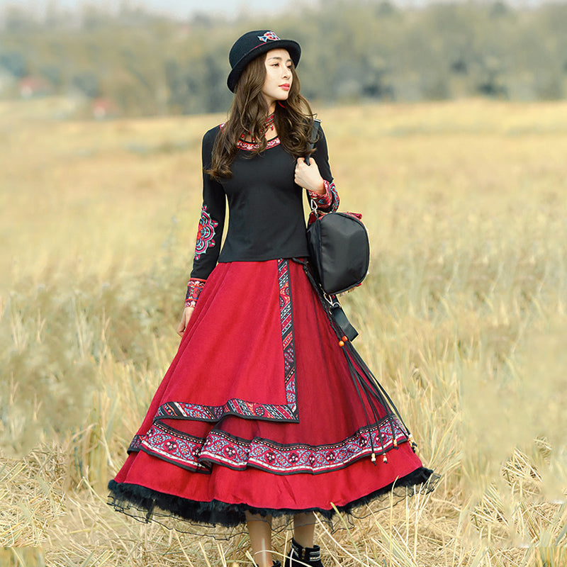 Retro National Style Half Skirt Big Swing Skirt Dance Square Dance Costume Dance