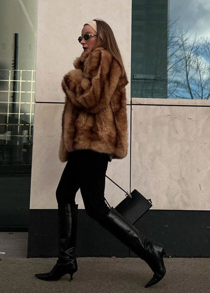 Plush Faux Fur Coat Brown Relaxed Silhouette