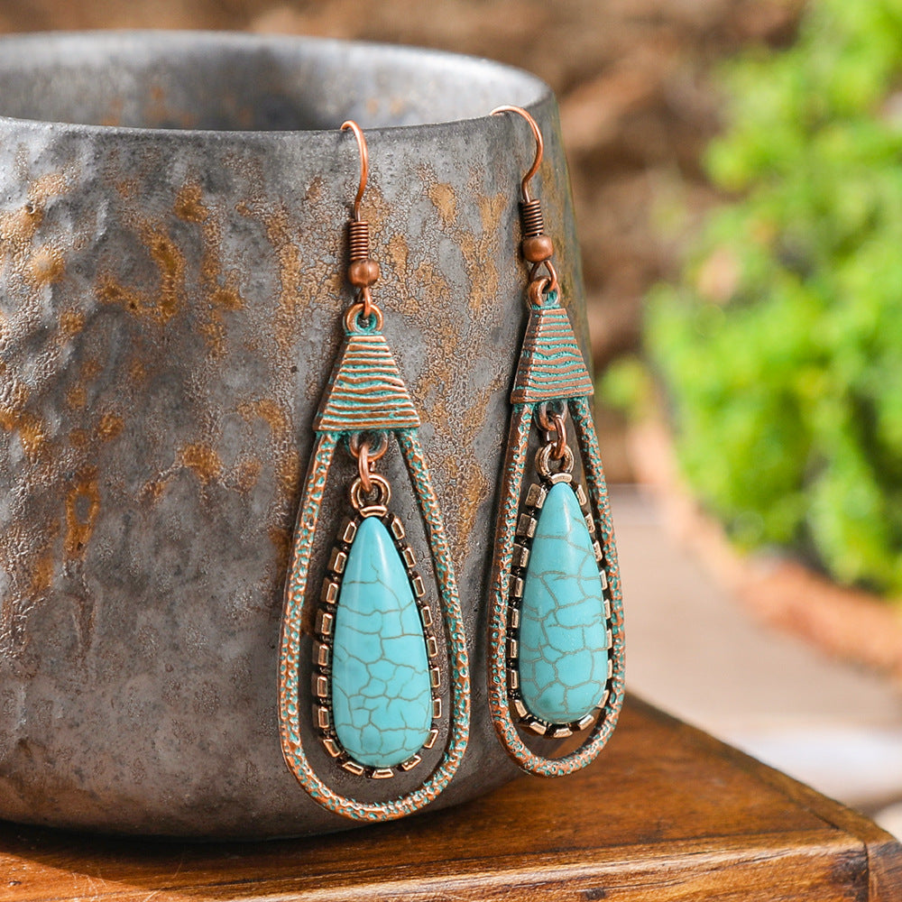 Bohemian Style Geometric Turquoise Tassel Earrings Set