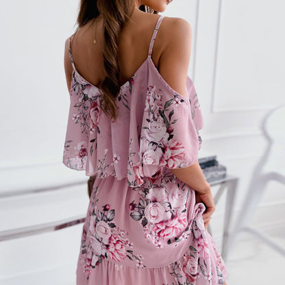 Chiffon Print Sling Off-Shoulder Loose Ruffle Hem Dress