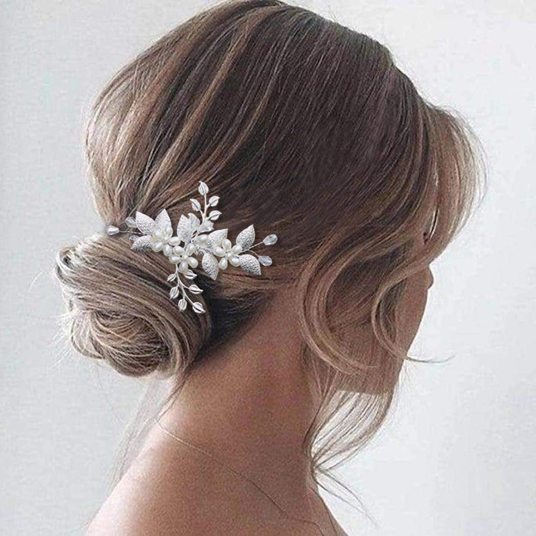 Silver Leaf Handmade Pearl Crystal U-Shaped Hairpin Wedding Hair Accessory