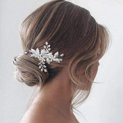 Silver Leaf Handmade Pearl Crystal U-Shaped Hairpin Wedding Hair Accessory