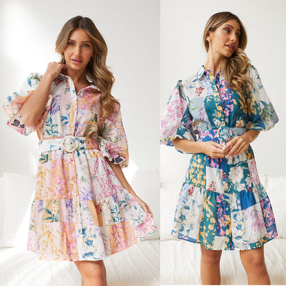 Bohemian Printed Short Skirt Lantern Short Sleeved Belt Single Breasted A-Line Dress